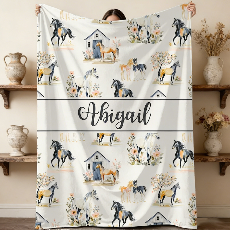 Personalized Horse and Flowers Design Throw Blanket Gift for Riding Lovers Equestrian Lovers