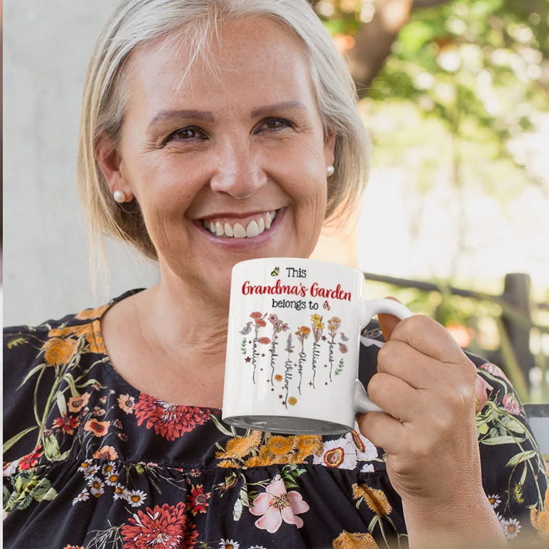 Personalized This is Garden Belongs to Heart Birth Flowers 11 oz Ceramic Mug with 1-12 Names Birthday Mother's Day Gift for Mom Grandma