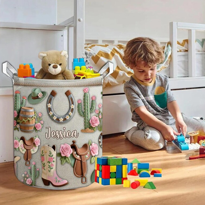 Personalized Cowgirl Hat Boots Horseshoes Accessories Organizer Basket Waterproof Laundry Basket with Handle and Name Bedroom Laundry Room Birthday Gift for Equestrian Lovers