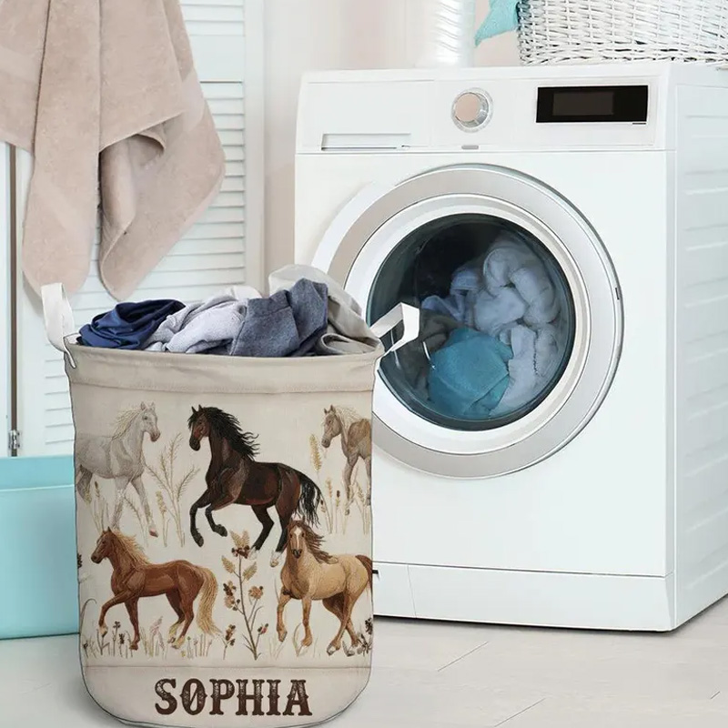Personalized Beautiful Horses Organizer Basket Waterproof Laundry Basket with Handle and Name Bedroom Laundry Room Birthday Gift for Equestrian Lovers