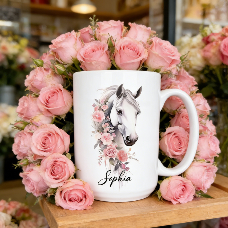 Personalized Floral Horse Riding Ceramic Mug Gift for Riding Lovers Equestrian Lovers