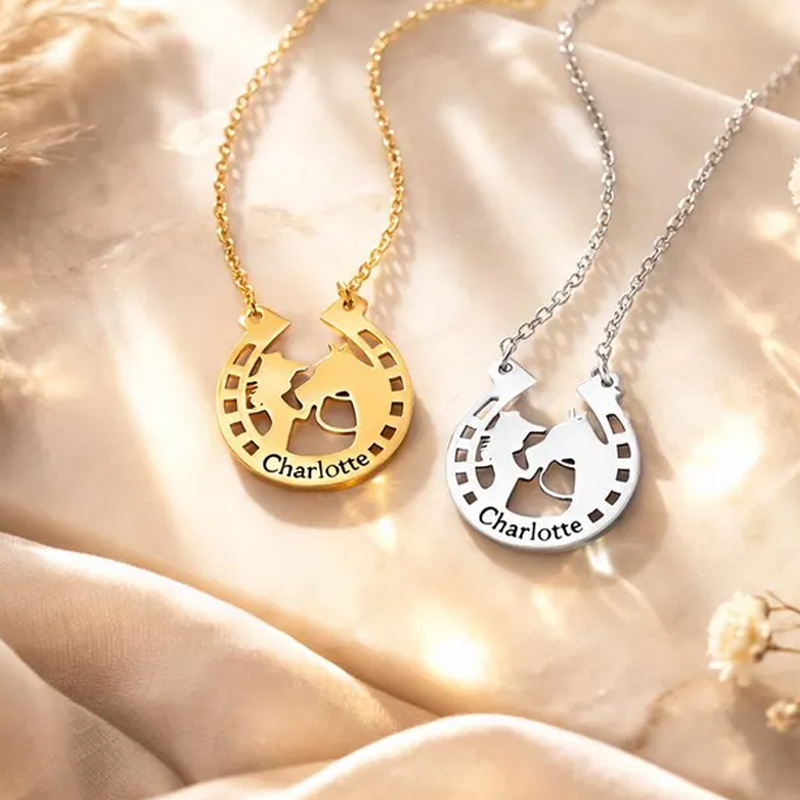 Personalized Horse Charm Necklace with Name Jewelry Cube Gift for Equestrian Riding Lovers