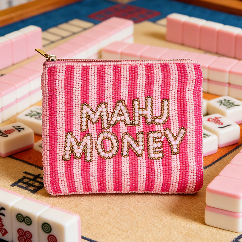 Mahjong Money Beaded Pouch Pink Seed Bead Coin Purse Mahjong Gift Accessory