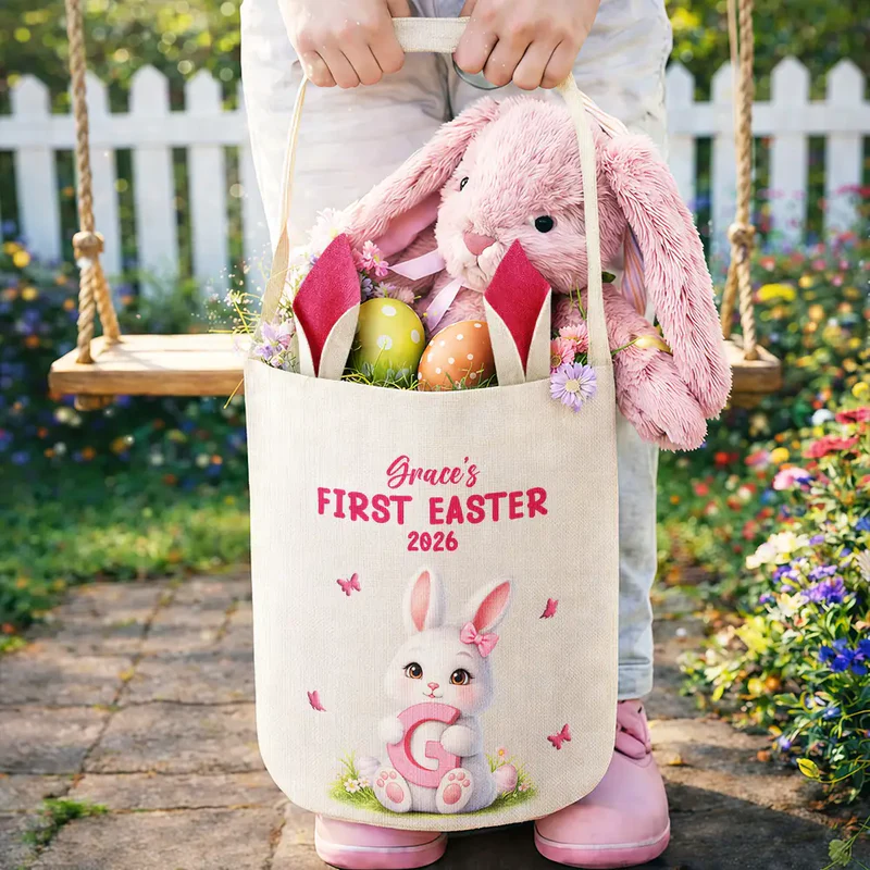 Personalized Easter Bunny Holding Alphabet Letter Bunny Ears Bucket Bag Easter Gift for Kids