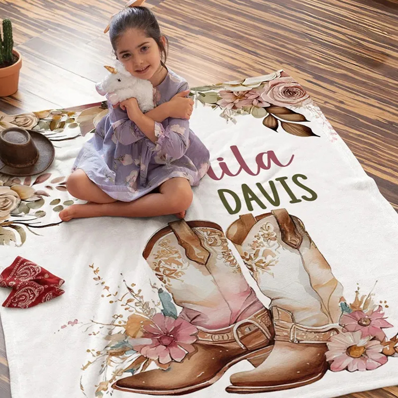 Personalized Floral Cowgirl Boots Western Soft Throw Blanket with Name Home Decor Western Nursery Birthday Gift for Cowgirls Friends Riding Lovers Equestrian Lovers