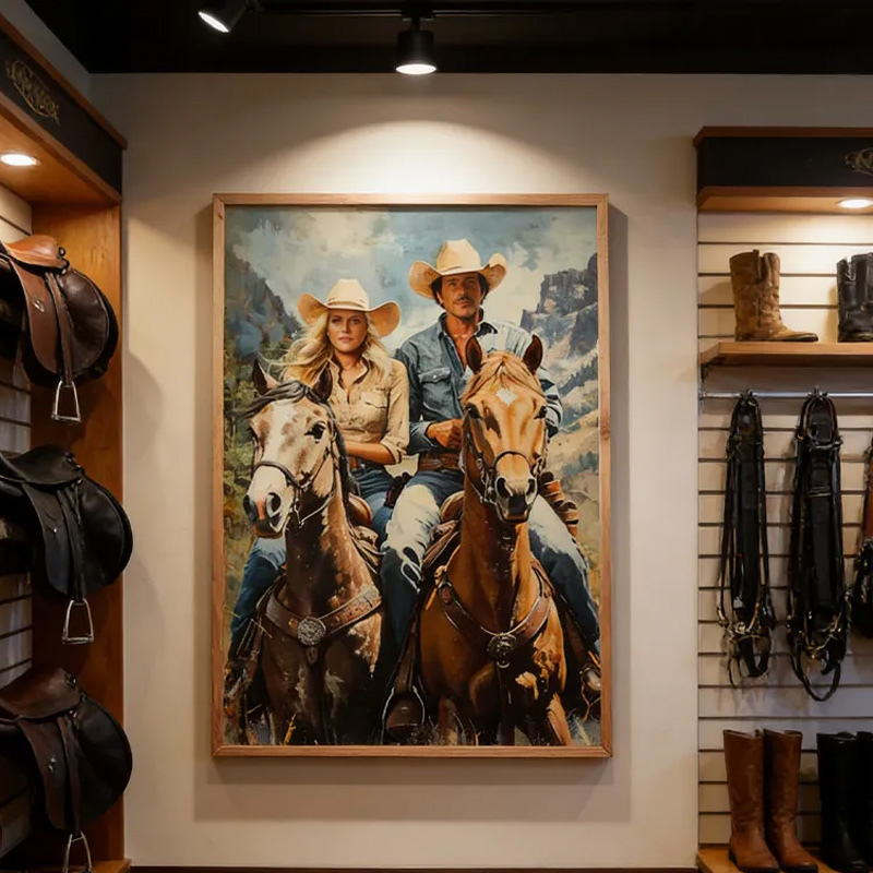 Personalized Custom Cowboy Couple Portrait Western Art from Photo for Riding Lovers