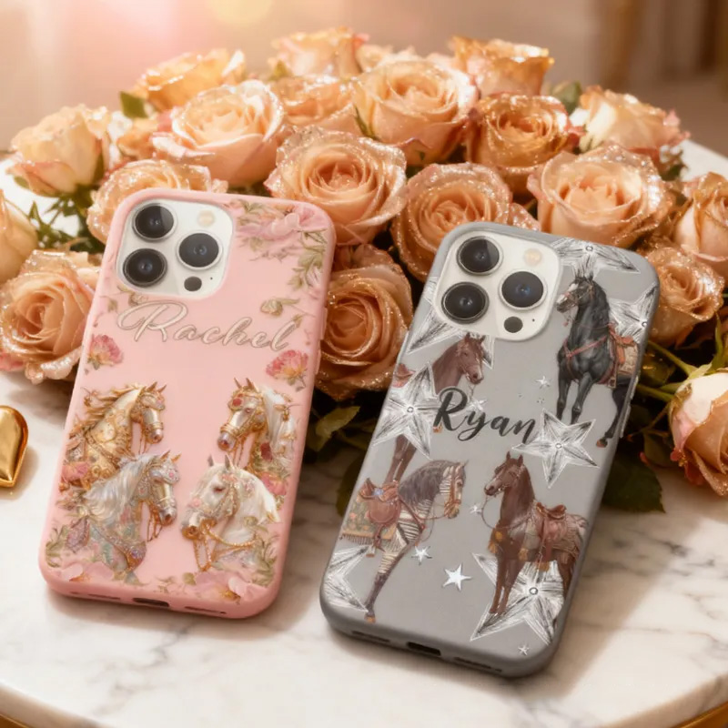 Personalized Couple Phone Case Phone Cases with French Countryside Gifts Floral Design and Custom Name for Riding Lovers Equestrian Lovers Unique Style Phone Cases