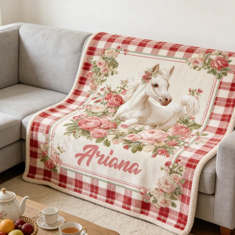 Personalized Riding Plaid Blanket Equestrian Horse Custom Name with French Countryside Gifts Family Blanket for Riding Lovers Equestrian Lovers