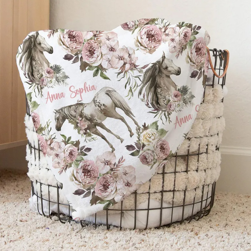 Personalized Pink Boho Horse Baby Name Throw Blanket Gift for Equestrian Lovers