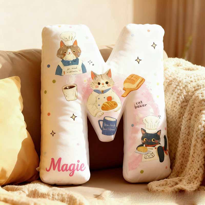Personalized Cat Lover Cooking Bread Letter Pillow with Custom Name Graphic 3D Print