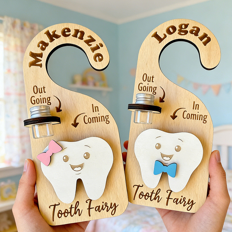 Personalized Tooth Fairy Door Hanger Custom Name Tooth Holder with Jar and Money Slot Kids Tooth Fairy Gift for Boys and Girls