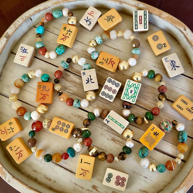 Mahjong Bracelet Bakelite Bone and Bamboo Vintage Mahjong Tile Beaded Bracelet Mahjong Gift