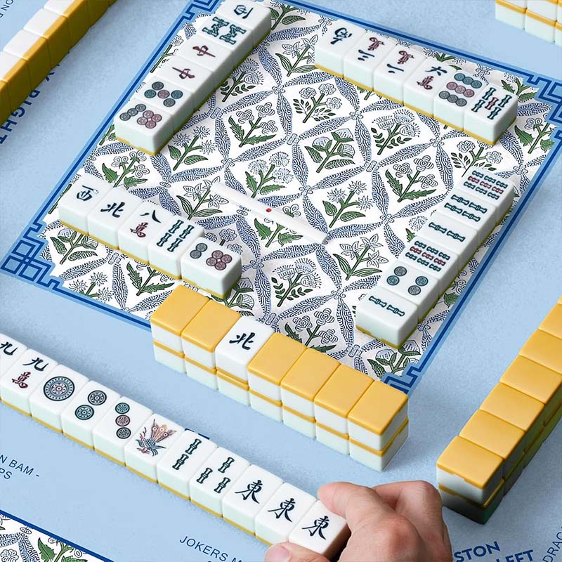 Mahjong Tablecloth 55" x 55" Polyester Blue Block Print Floral Flower Square Instructional Design with Rules for Family Game Night Party Favor Supplies