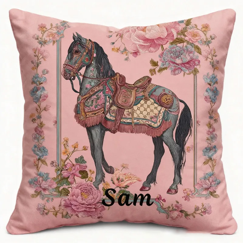 Personalized Riding Floral Horse Pillow Floral Horse Custom Name Festive Flower Decor with French Countryside Gifts for Family Graphic 3D Print Riding Lovers
