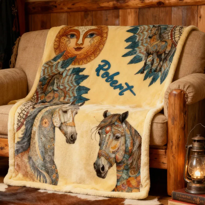 Personalized Riding Feather Sun Blanket Flower Horse Custom Name Festive Flower Decor with French Countryside Gifts Family Blanket for Riding Lovers Equestrian Lovers