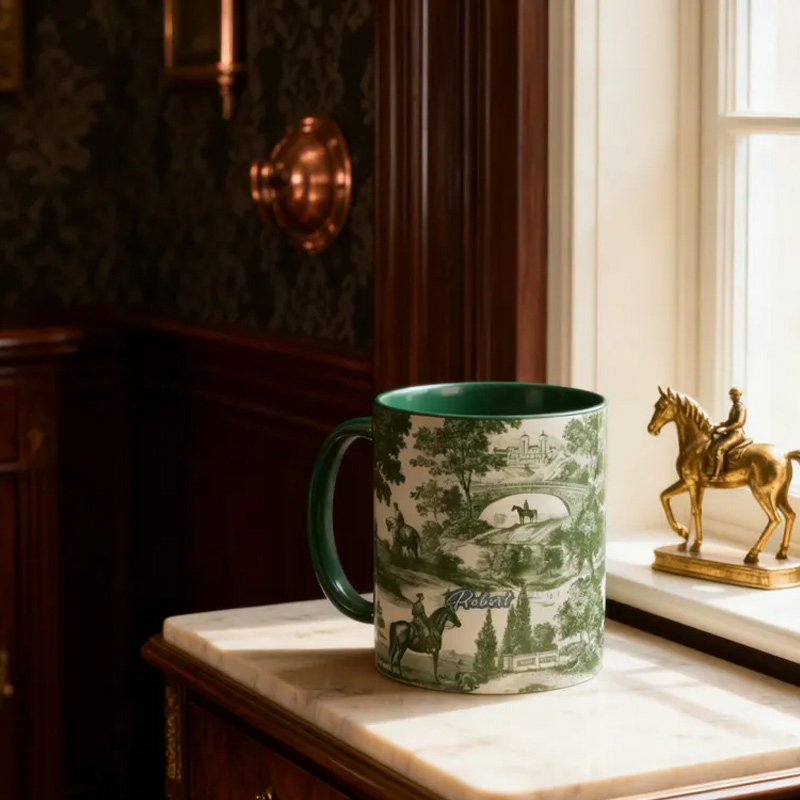 Personalized Riding Mug Green Toile Equestrian Mug Horse Lovers French Toile de Jouy Coffee Cup Gift for Coffee Cup Bicycle Tea Cup Riding Ceramic Mug Gift for Riding Lovers Equestrian Lovers