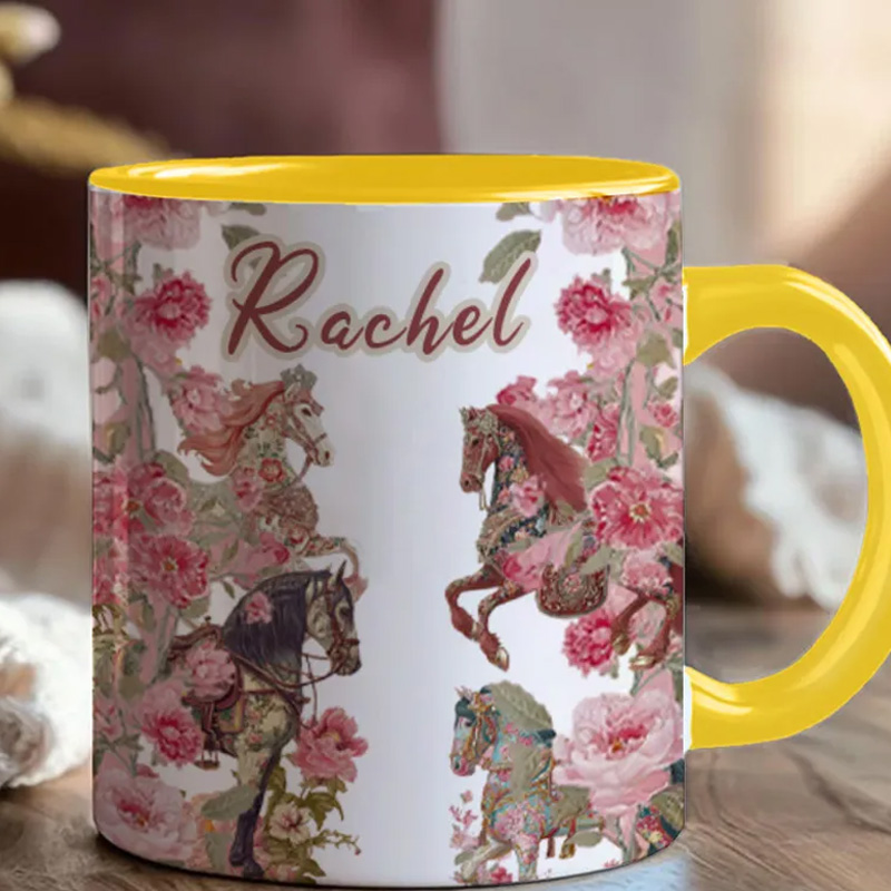 Personalized Riding Mug Floal Mug Horse Lovers French Toile de Jouy Coffee Cup Gift for Coffee Cup Bicycle Tea Cup Riding Ceramic Flower Mug Gift for Riding Lovers Equestrian Lovers