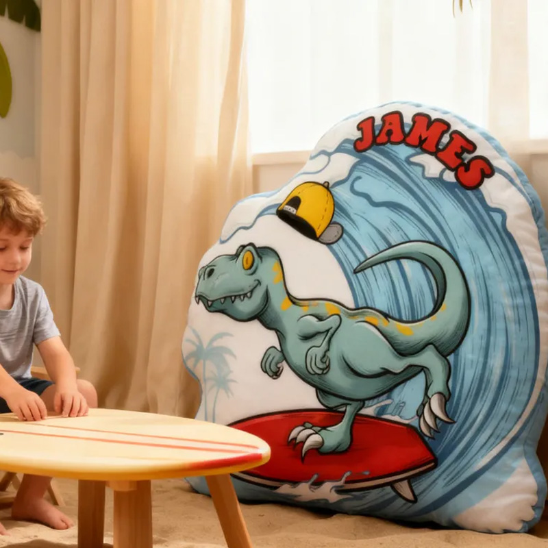 Personalized Suring Dino Pillow Rainbow Throw Pillow Graphic 3D Print Surfing Skateboarding Fitness Decoration Pillow Exercise Sport Pillow for Kids Surfing Skateboarding Lovers
