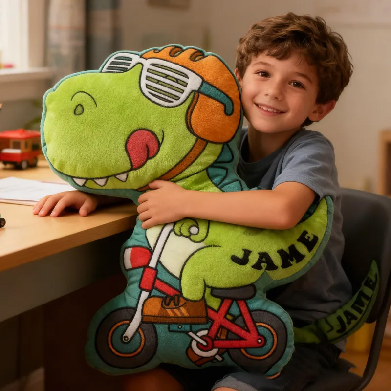 Personalized Dino Cycling Pillow Custom Name Festive Decor with Bicycle Christmas Gifts for Family Graphic 3D Print Cycling Riding Lovers