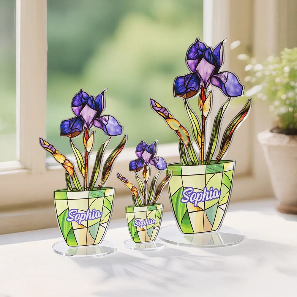 Personalized Faux Stained Glass Birth Flower Pot Acrylic Plaque with Name Home Decor Anniversary Birthday Gift for Friends Kids