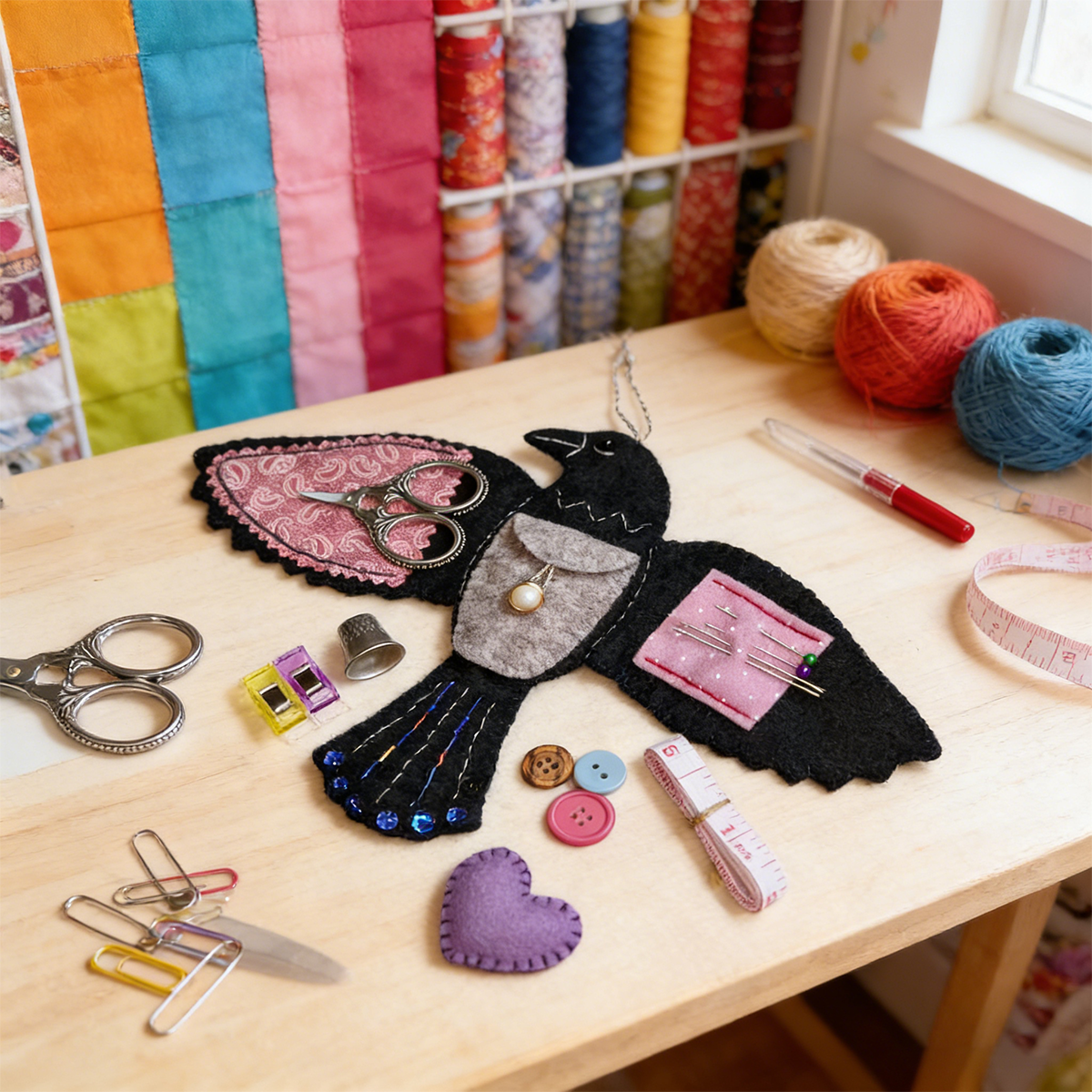 Crow-Shaped Felt Sewing Kit – DIY Bird Needle Book & Sewing Accessory Organizer