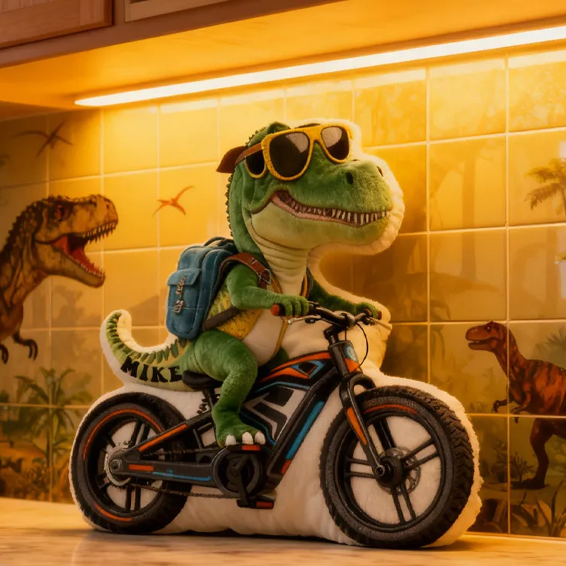 Personalized Dino Rider Bike Pillow Cozy Graphic 3D Print Cool Racing Biker Dino Pillow Name Pillow Comfortable Travel Cushion for Kids Boys Riding Lovers