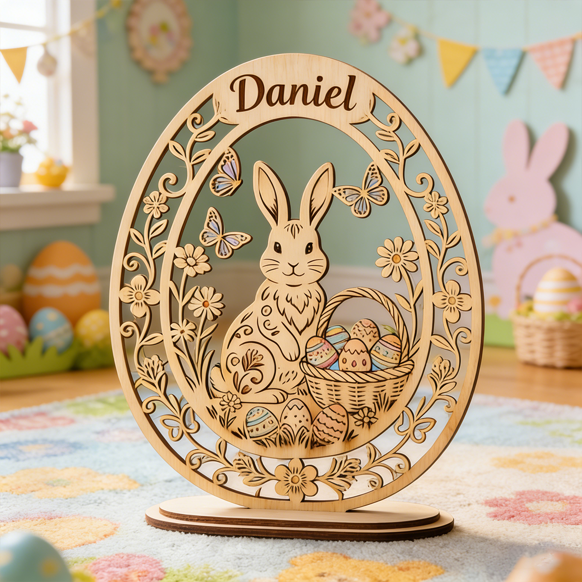Personalized Custom Name 2PCS Unfinished Wooden Easter Egg Cutouts with Bunny, DIY Easter Tabletop Decor Blanks