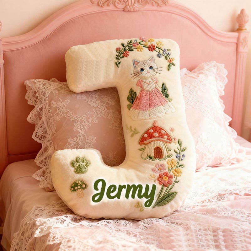 Personalized Cat Lover Mushroom House Forest Flower Letter Pillow with Custom Name Pillow for Kid Graphic 3D Print