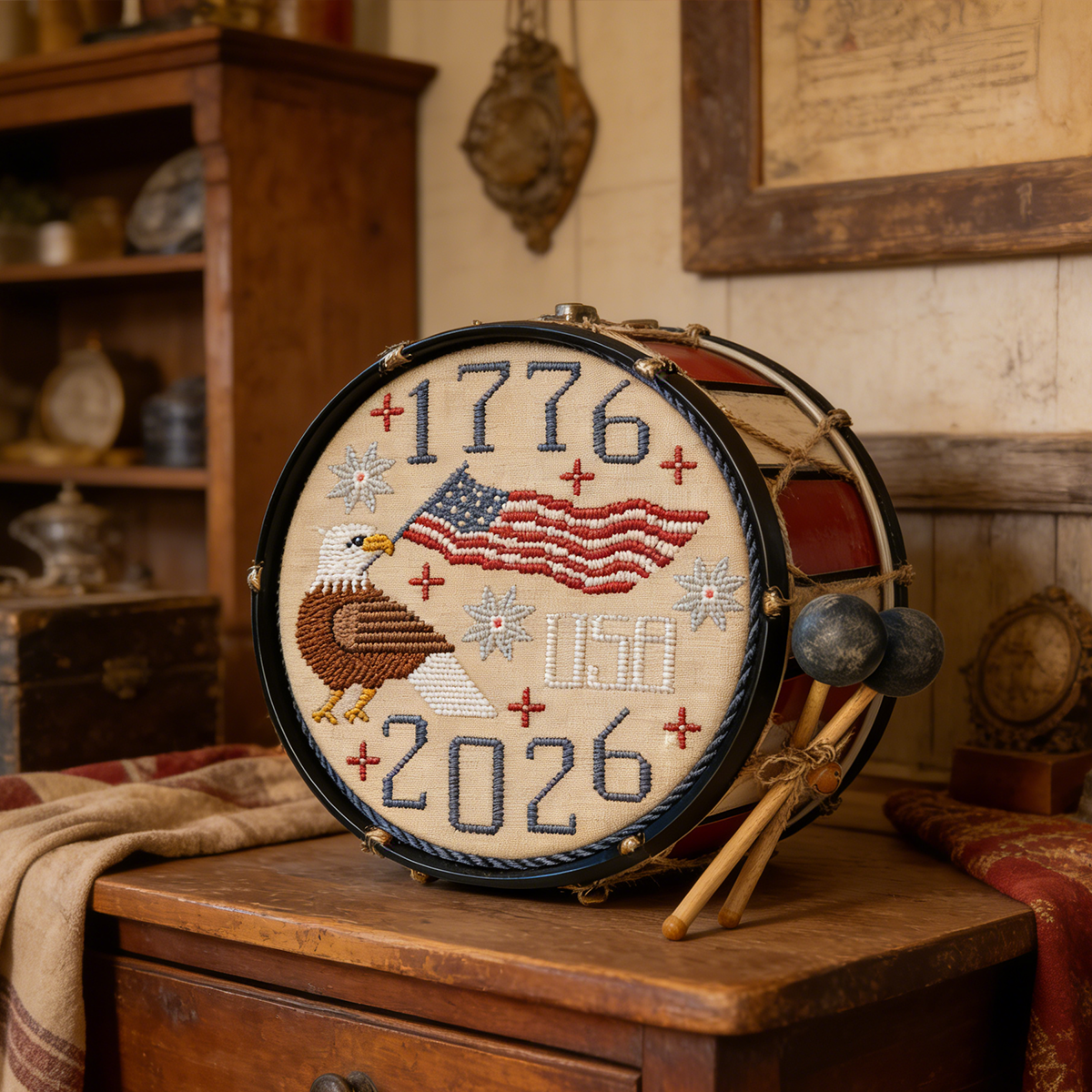 1776-2026 Patriotic Drum Cross Stitch Kit – Americana Eagle & Flag DIY Craft