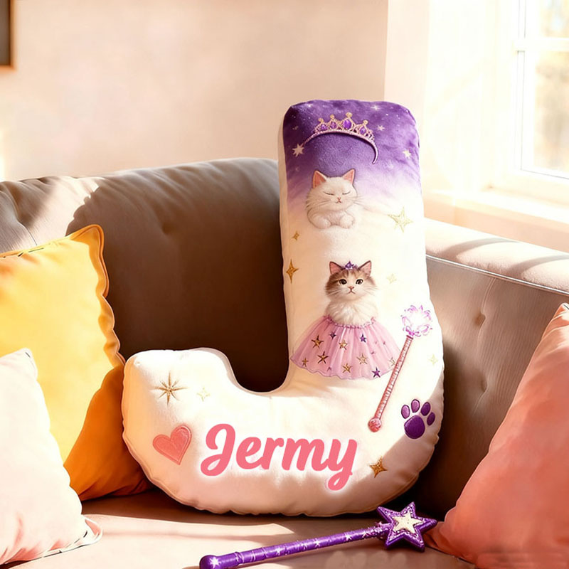 Personalized Cat Lover Princess Letter Pillow with Custom Name Pillow for Kid Graphic 3D Print