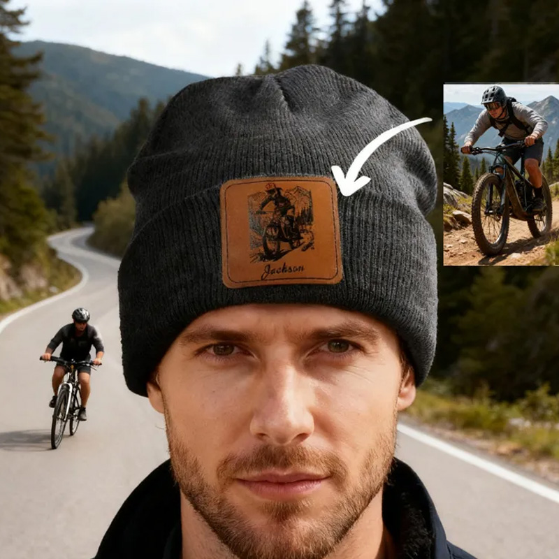 Personalized Leather Patch Beanie Classic Winter Hat Multicolor Rider Photo Knitted Beanie Hat with Name Daily Accessories Birthday Gift for Cycling Lovers Riders