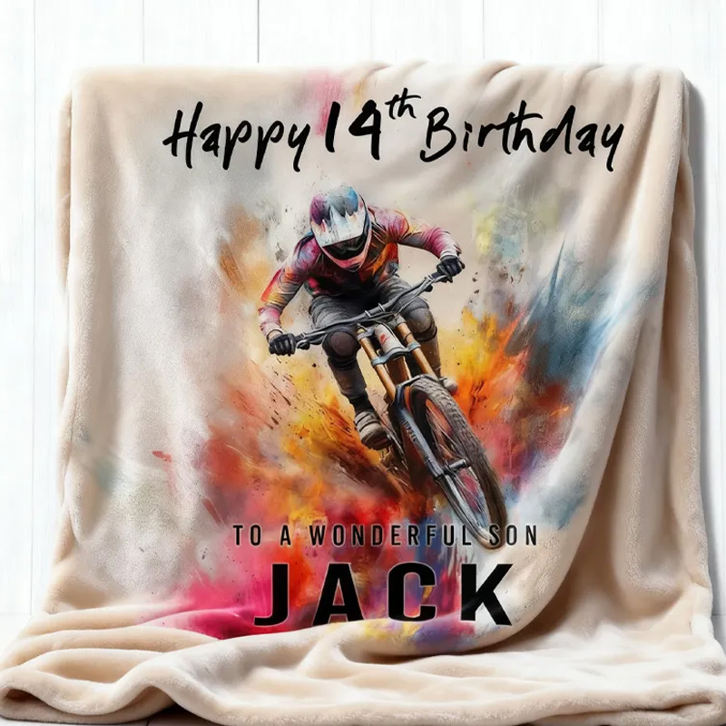 Personalized Colorful Mountain Biking Blanket Birthday Custom Mountain Biker Gift Soft Throw Blanket Mountain Bike Decor Bike Racing Birthday Cycling Gifts