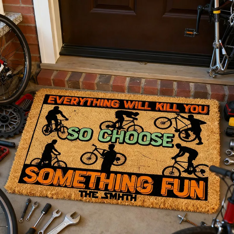 Personalized Cycling Adventure Doormat Mat Welcome Mat Road MTB Theme Design Custom Coir Doormat for Racer Biker Rider Cycling Riding Lovers
