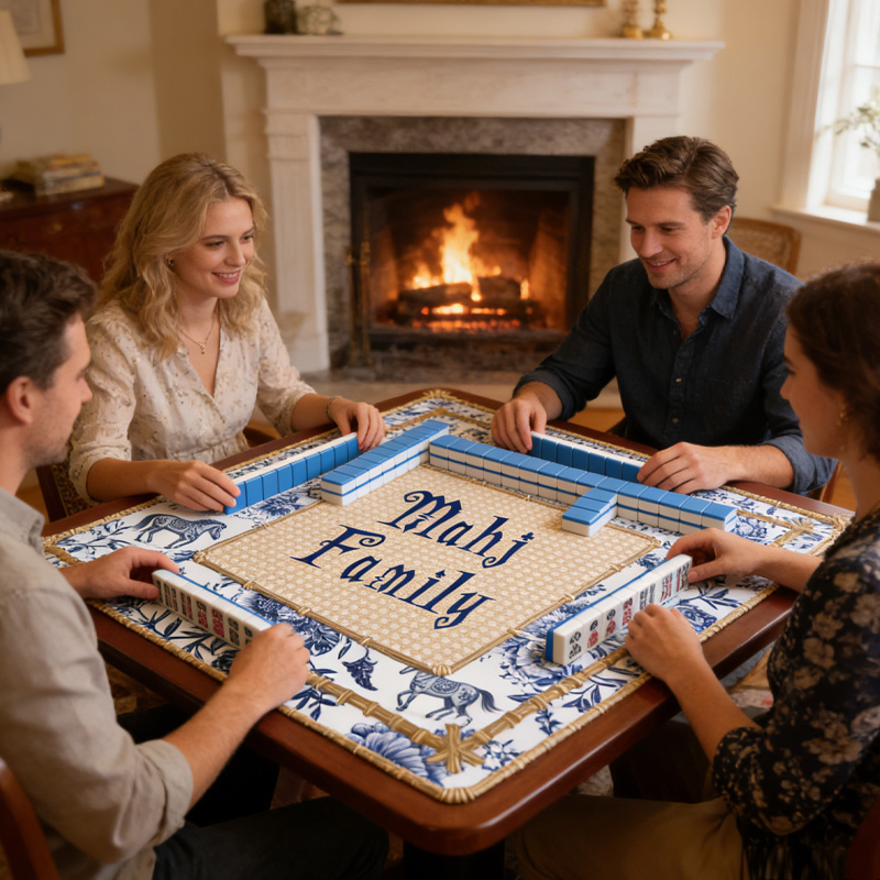 Personalized Mahjong Blue White Porcelain Horse Mahjong Mat Custom Text Gift Neoprene Game Surface Travel Portable Playing for Equestrian Lovers