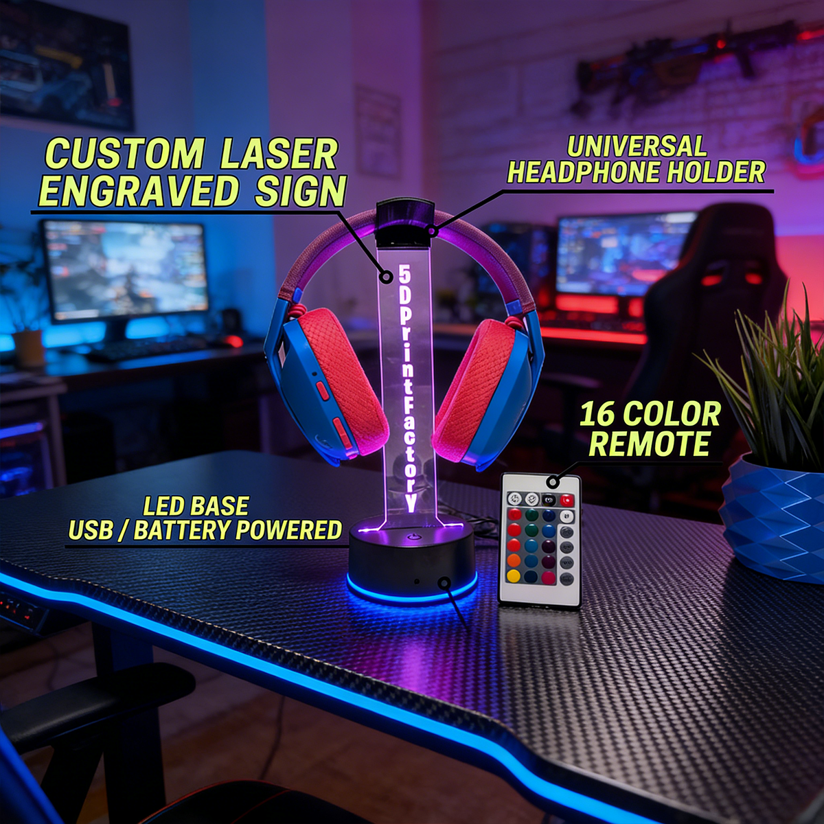 Personalized LED Acrylic Headphone Stand –16 Color Custom Name Gaming Headset Holder