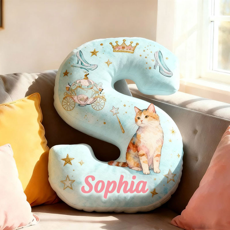 Personalized Cat Lover Crown Crystal Shoes Pumpkin Carriage Letter Pillow with Custom Name Graphic 3D Print