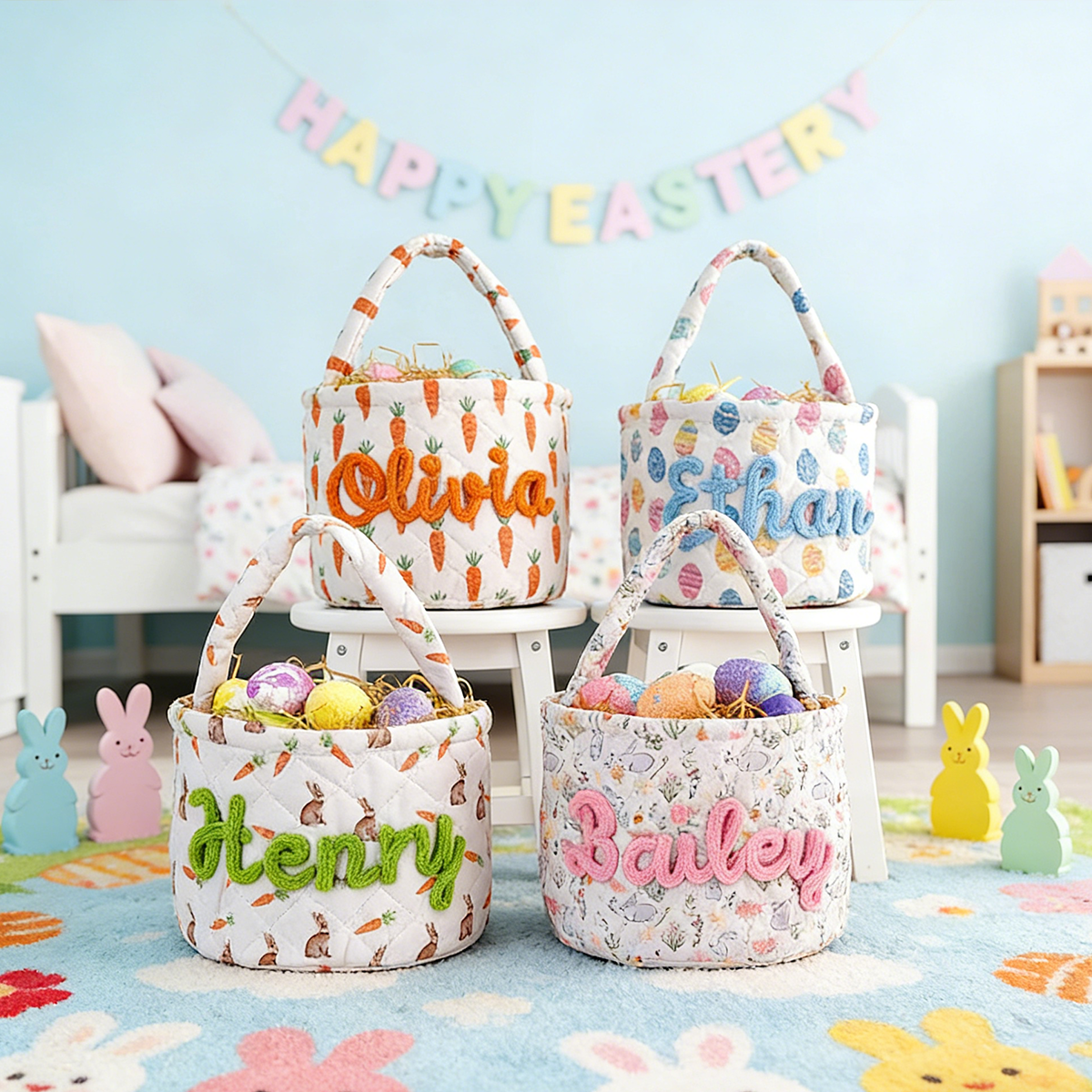 Personalized Quilted Easter Basket – Custom Name Embroidered Kids Egg Hunt Tote (4 Designs)