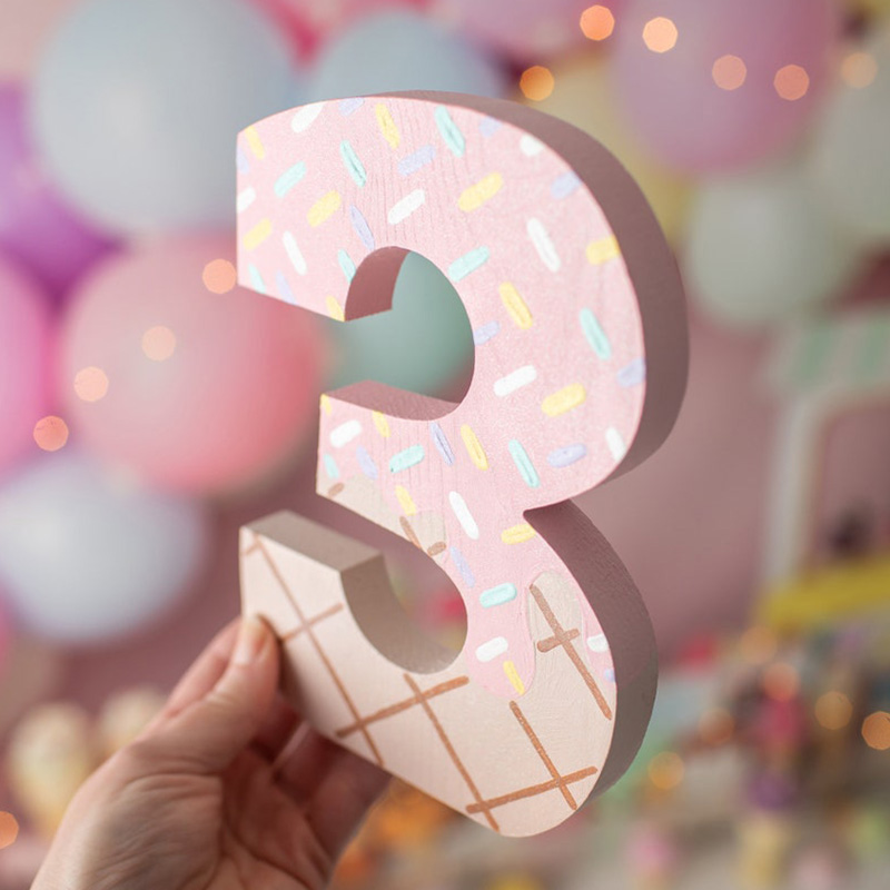 Ice Cream Number 3 Pink Sprinkles Personalized Wooden Birthday Decor