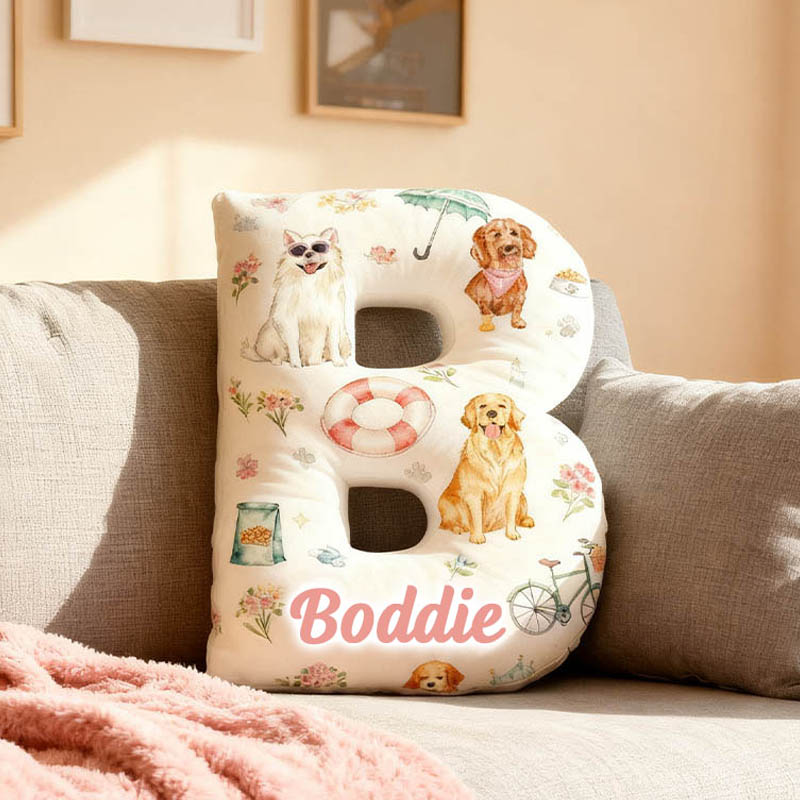 Personalized Dog Lover Swimming Ring Flower Letter Pillow with Custom Name Graphic 3D Print