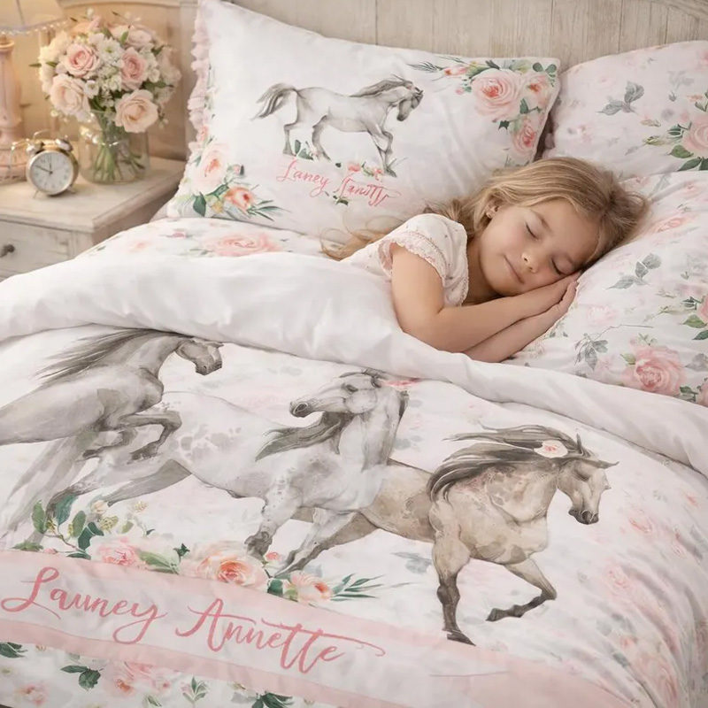 Personalized Horses Duvet Cover Farmhouse Floral Bedding Gift for Equestrian Lovers