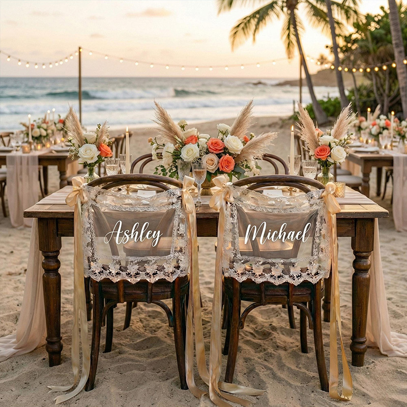 Personalized Wedding Chair Banner Just Married Sign Sheer Sweetheart Table Decor for Bride and Groom