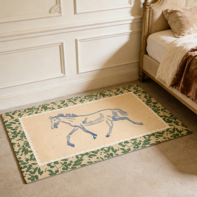 Personalized Vintage Rugs Riding Horse Art Doormat Floral Horse Decor French Countryside Gifts Doormat for Family for Equestrian Lovers
