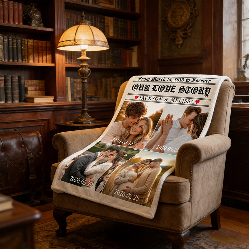 Personalized Couple Love Story Poster Design Photo Blanket with Time and Name Newlywed Wedding Newspaper Blanket Anniversary Gift for Husband