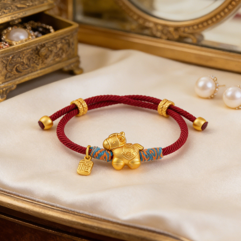 Personalized Lucky Chinese Zodiac Themed Woven Red Bracelet Gold Plated Horse Shaped Pendant for Equestrain Lovers
