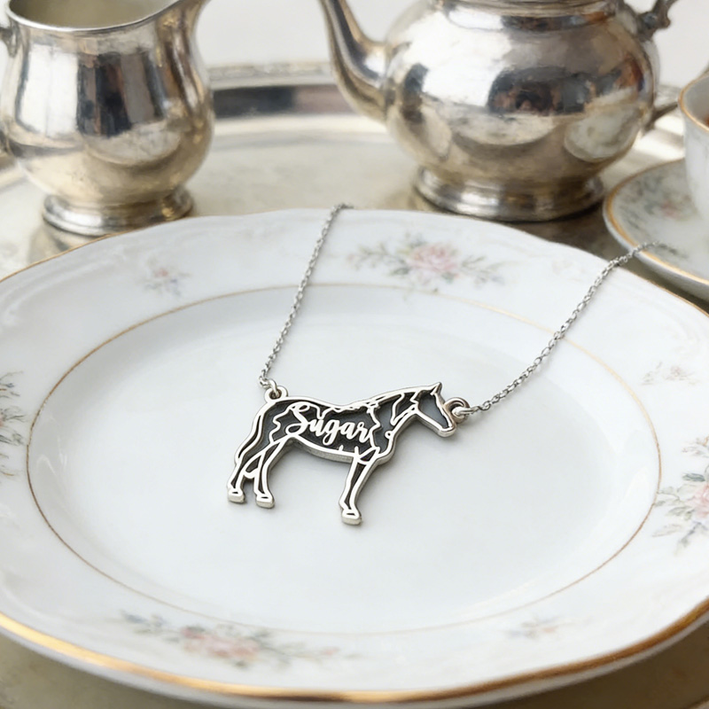 Personalized Horse Photo Outline Name Necklace Equine Necklace Elegant Silver Memorial Gift for Equestrain Lovers