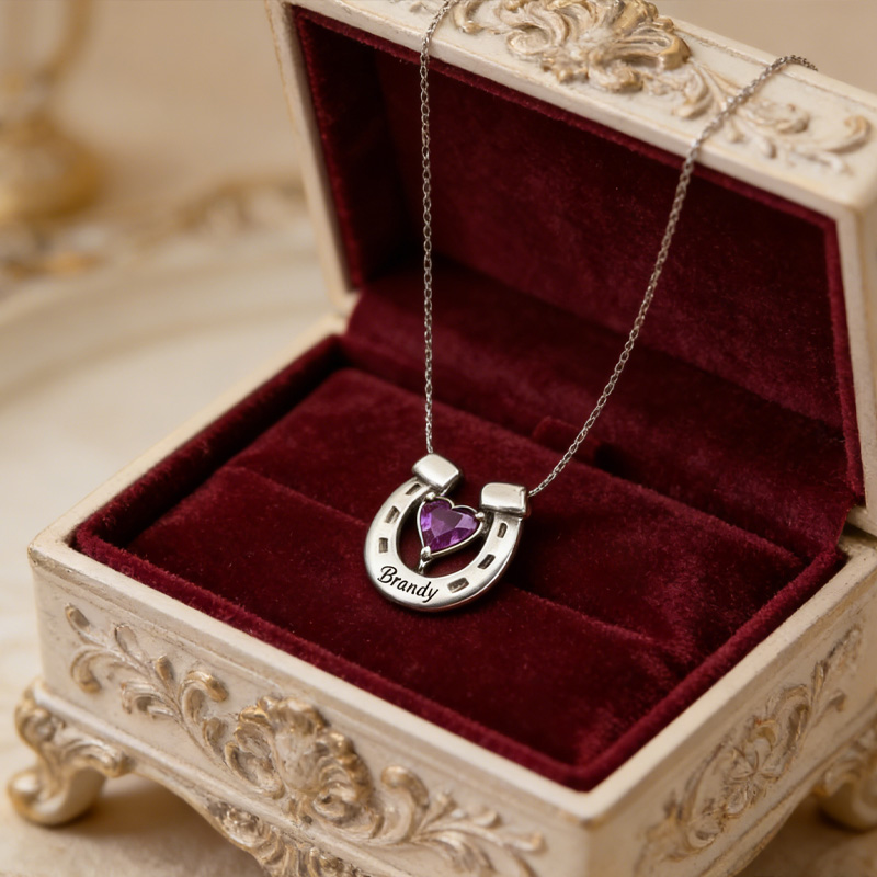 Personalized Birthstone Horseshoe Name Necklace Equine Necklace Elegant Silver Memorial Gift for Equestrain Lovers