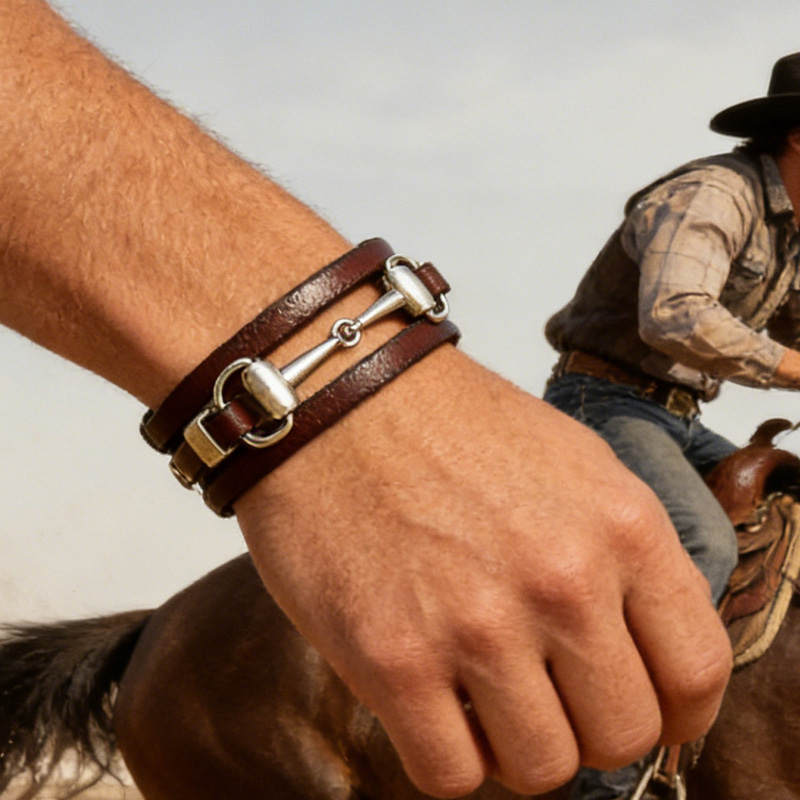 Personalized Engraving Snaffle Bit Leather Bracelet Silver Plated Equestrian Jewelry Wrap Bracelet Gift for Equestrain Lovers