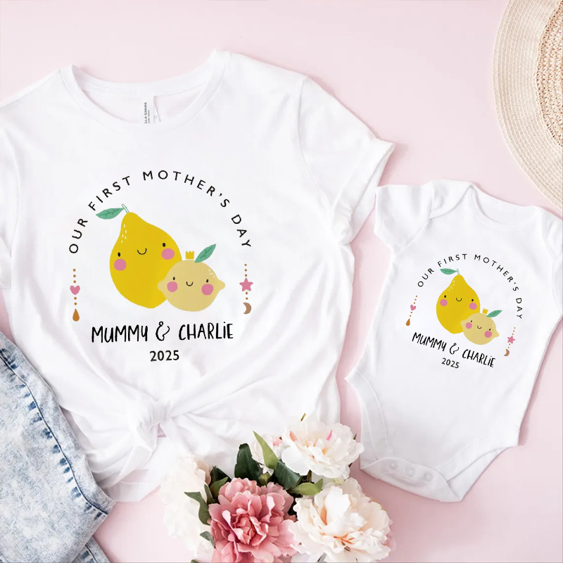 Personalized Little Fruit Matching Our First Mother's Day T-shirt Funny Mummy and Baby Gift Mama and Me tee Baby bodysuit