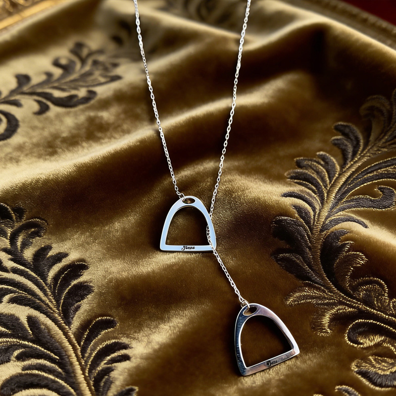 Personalized Horseshoe Name Silver Double Stirrup Necklace Lariat Stirrup Necklace Gift for Equestrain Lovers
