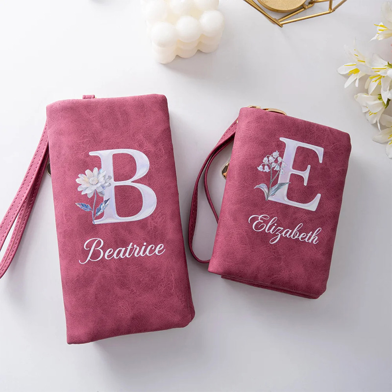 Personalized Pearl Laser Birth Flower PU Leather Folded Wristlet Wallet with Name and Multiple Card Slots Birthday Anniversary Gift for Women